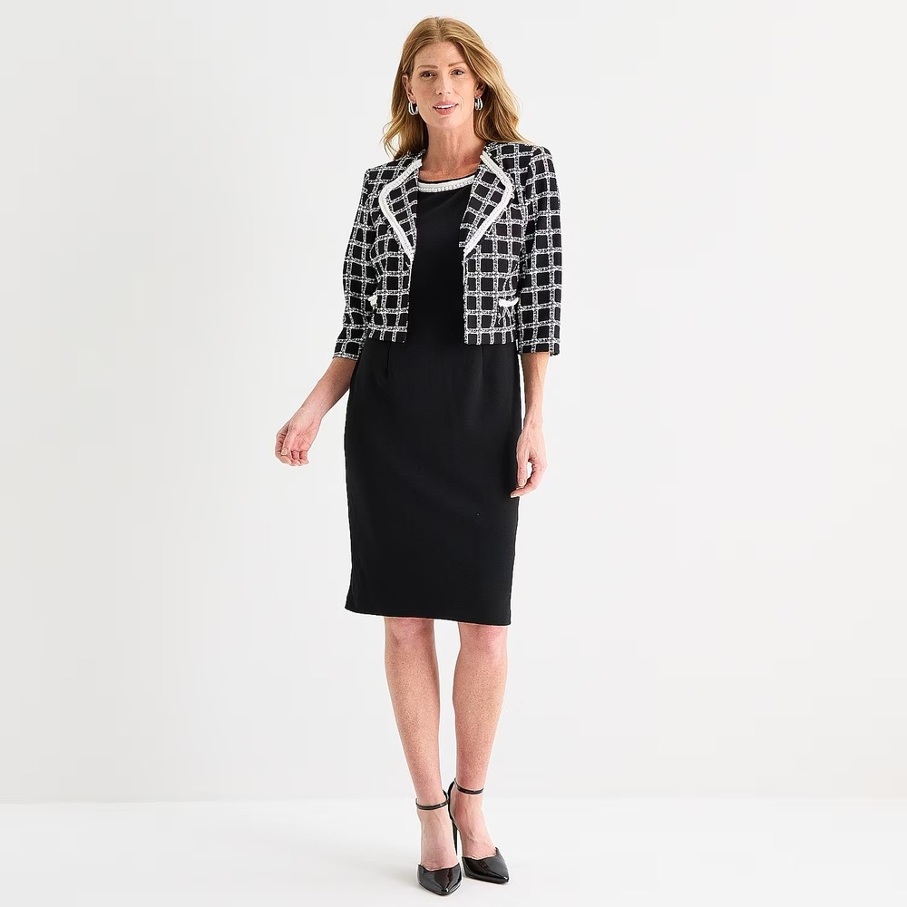 MSRP $94 Maya Brooke Womens 18 Black/White 2 Piece Crepe Grid Jacket Dress